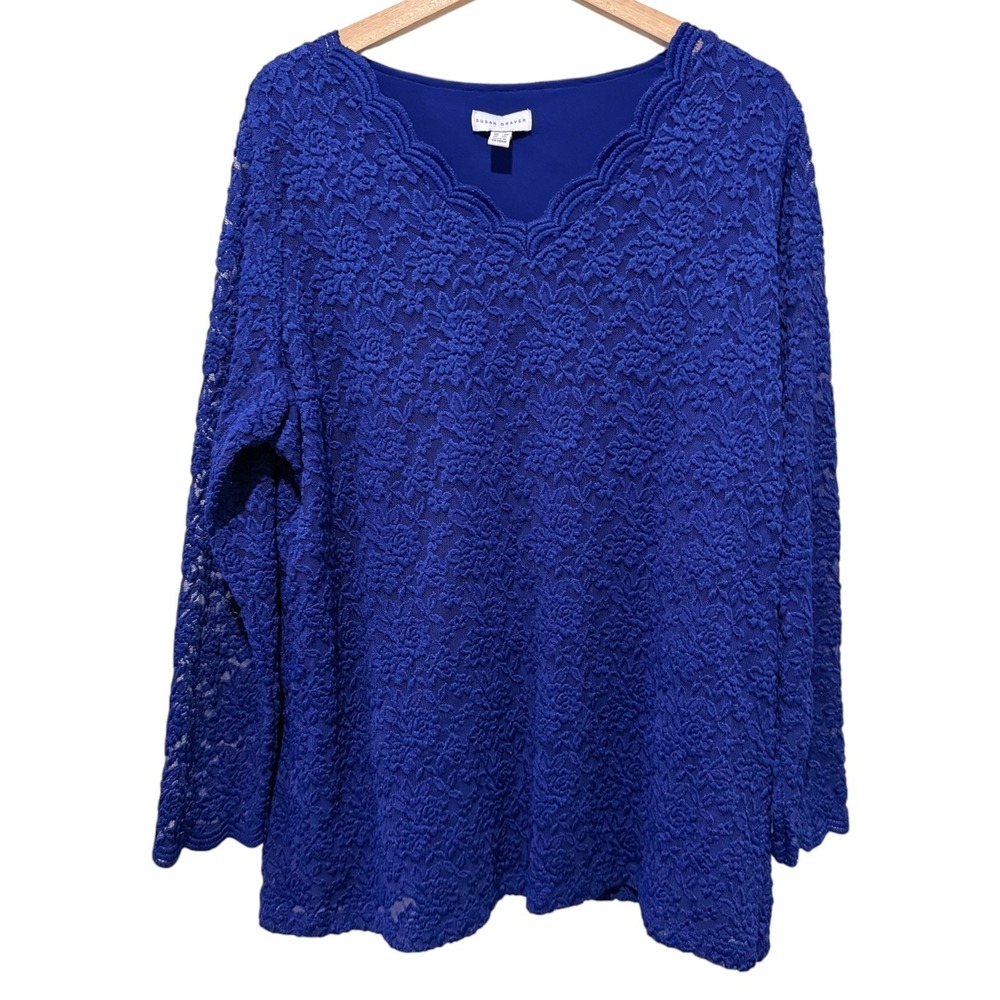 Susan Graver Liquid Knit Women 2X Blue Floral Lace Overlay Long Sleeve Stretch